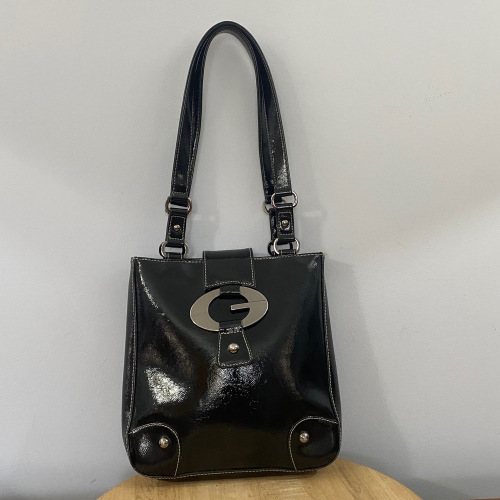 Guess VTG Shoulder Bag Black Patent Leather Y2K 2000s G Buckle McBling It Girl